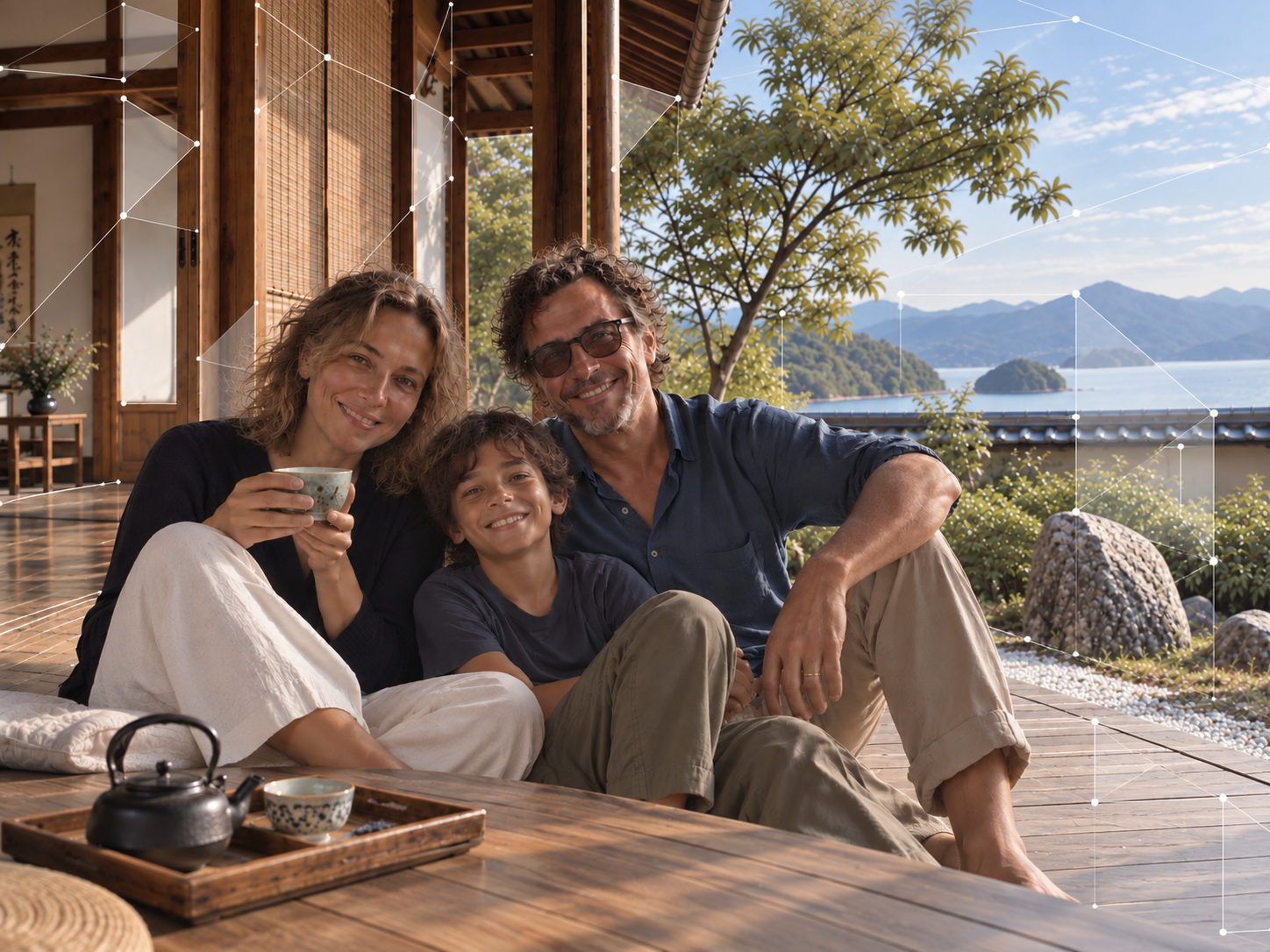 A family sharing a quiet morning overlooking the water