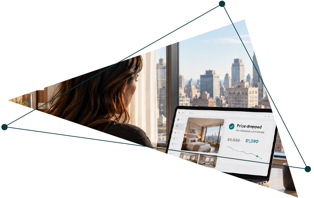 Triangle-framed traveler viewing a hotel price drop and automatic rebooking on a laptop