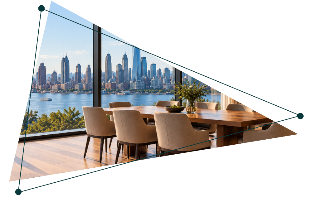 Triangle-framed executive team meeting overlooking Manhattan