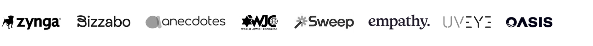 Zynga, Bizzabo, Anecdotes, World Jewish Congress, Sweep, Empathy, UVEYE, Oasis, and SP