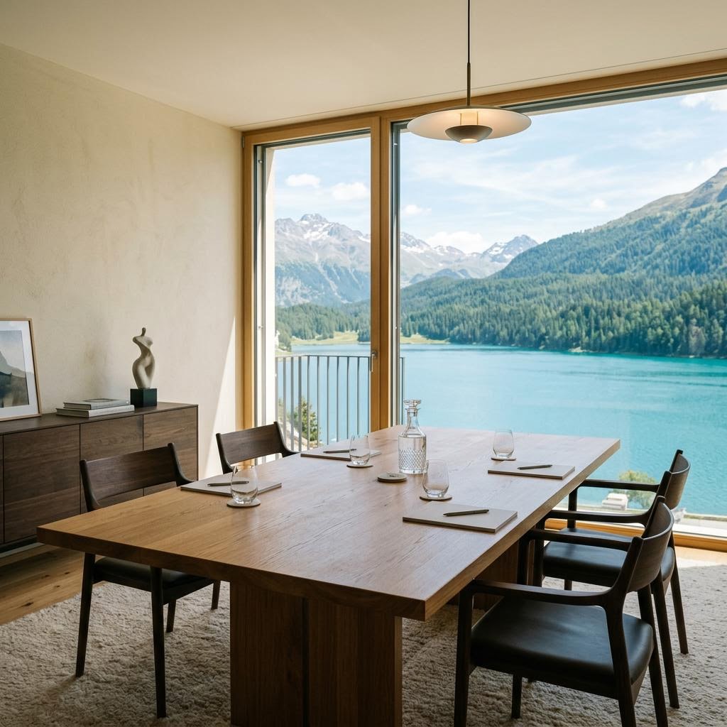 Executive conference room opening onto an alpine lake