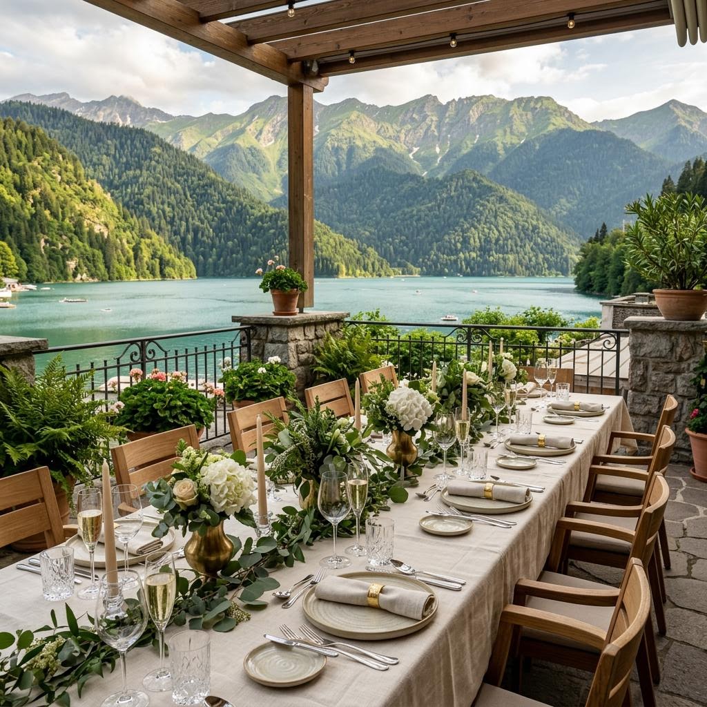 Private event dining terrace overlooking an alpine lake