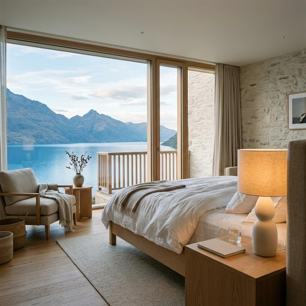 Quiet luxury hotel suite overlooking a mountain lake