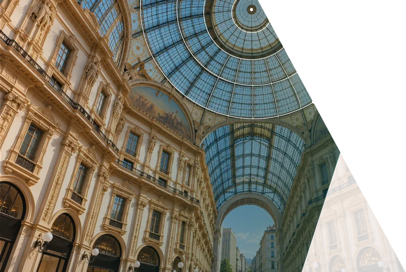 Glass-roofed architectural gallery interior with a geometric travel route illustration
