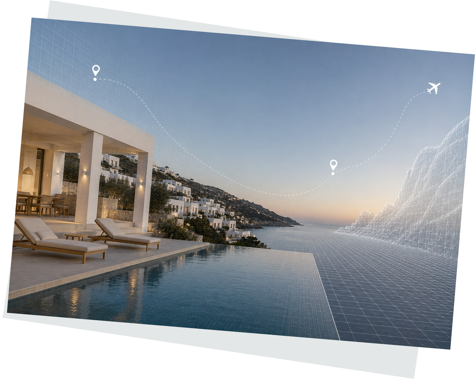Coastal hotel pool overlooking the sea with a mapped travel route
